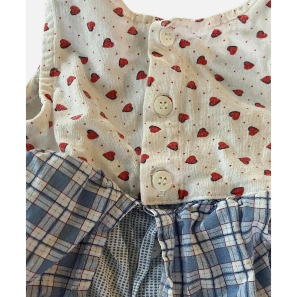 True Vintage BABY GUESS ROMPER Blue Plaid Red Hearts Peplum Ruffle 12 M